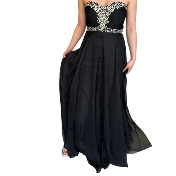 ✨Host Pick✨ BLACK CHIFFON PROM FORMAL EVENING GOWN WITH RHINESTONE ACCENTS 4 - Picture 8 of 16